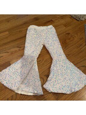 HONEY BEAN GIRLS WHITE SEQUIN FLARE PANTS SIZE 6